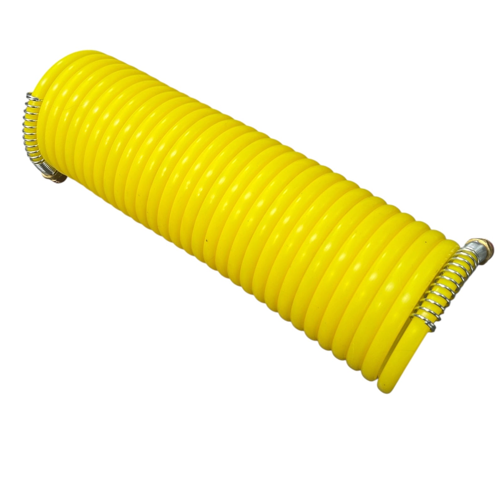 Air Re-Coil Hose with 1/4" Brass Swivel Fittings, yellow coiled design for durability and flexibility.