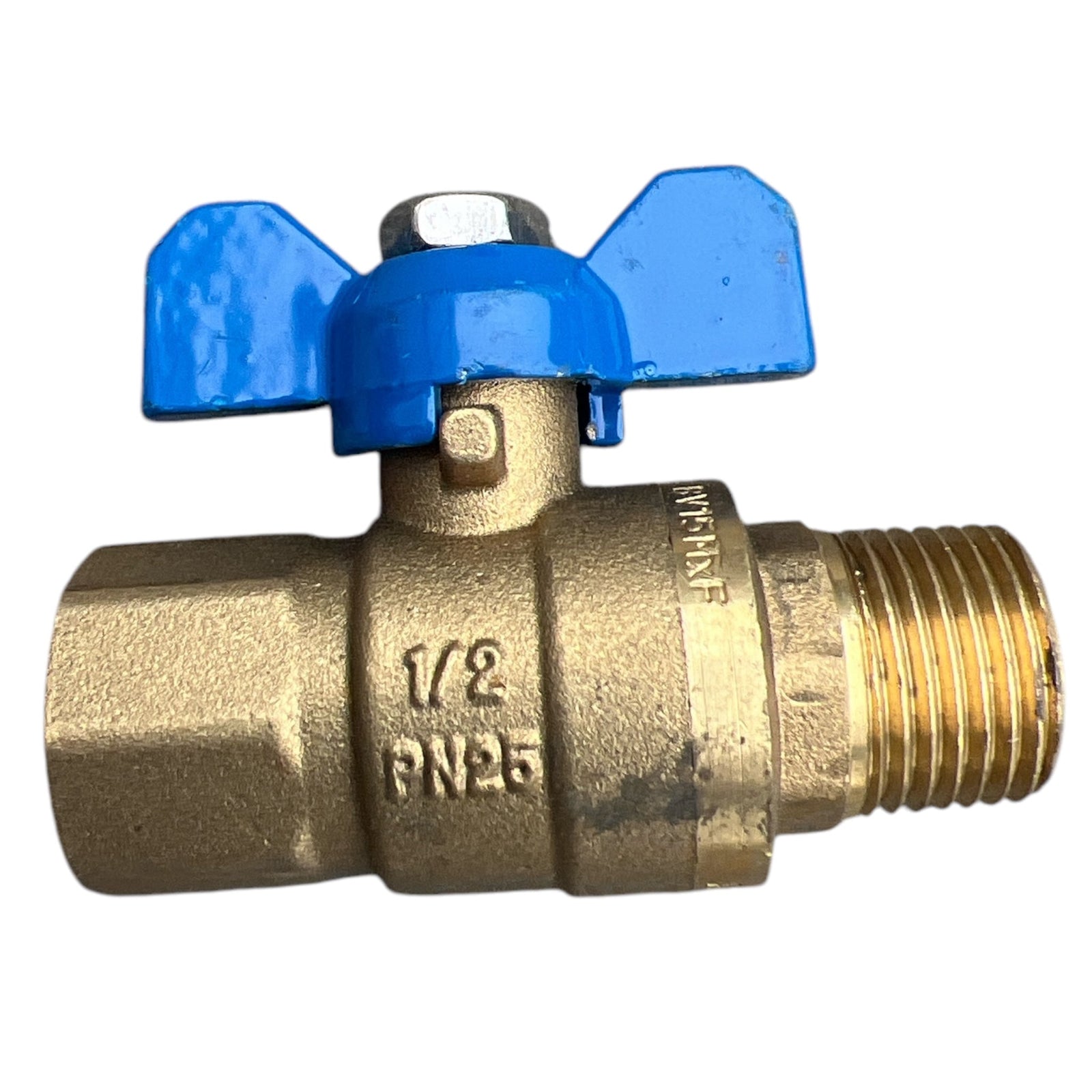 Brass Mini Ball Valve Male x Female BSP, showcasing a 1/2 inch valve with blue handle, designed for regulating fluids.