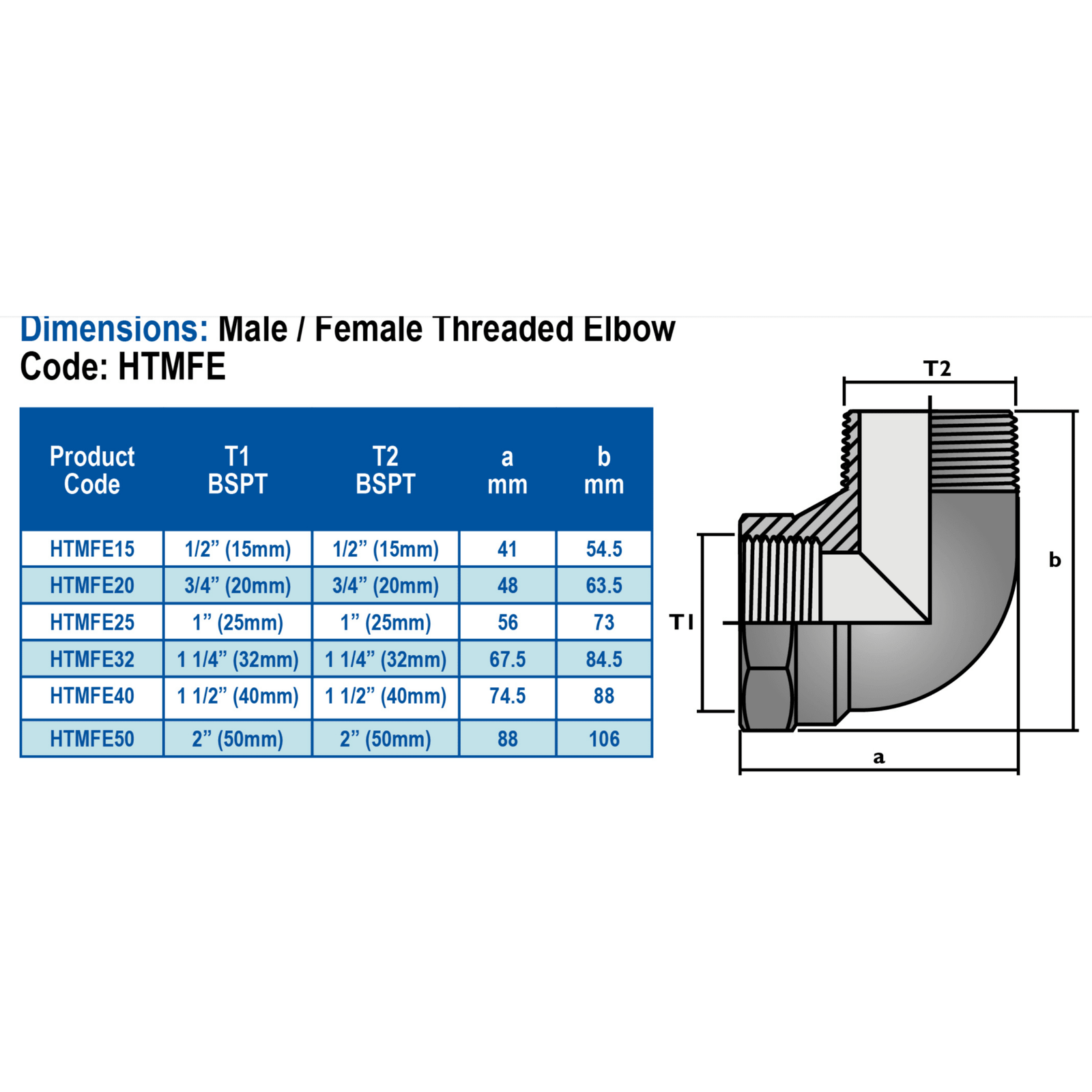 Dimensions of HANSEN Male x Female 90 degree Angle Threaded Elbow BSPT X BSPT, code HTMFE with specifications.