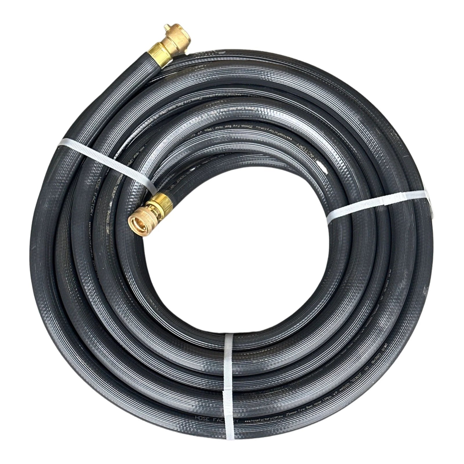 HOSE FACTORY Fire Reel Hose with Crimped 3 Piece Brass Snap On Fittings coiled and secured with ties.