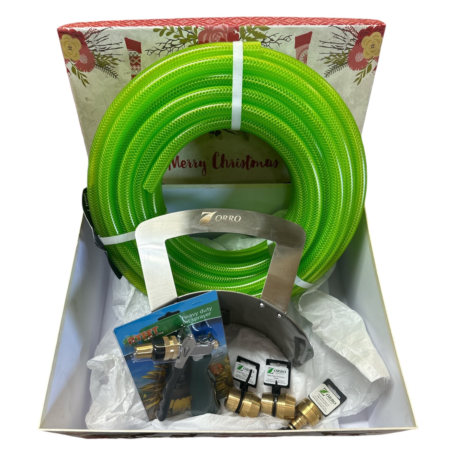 Hose Factory Gardeners Gift Set No 2 with gift box, green hose, connectors, and tools for gardening.