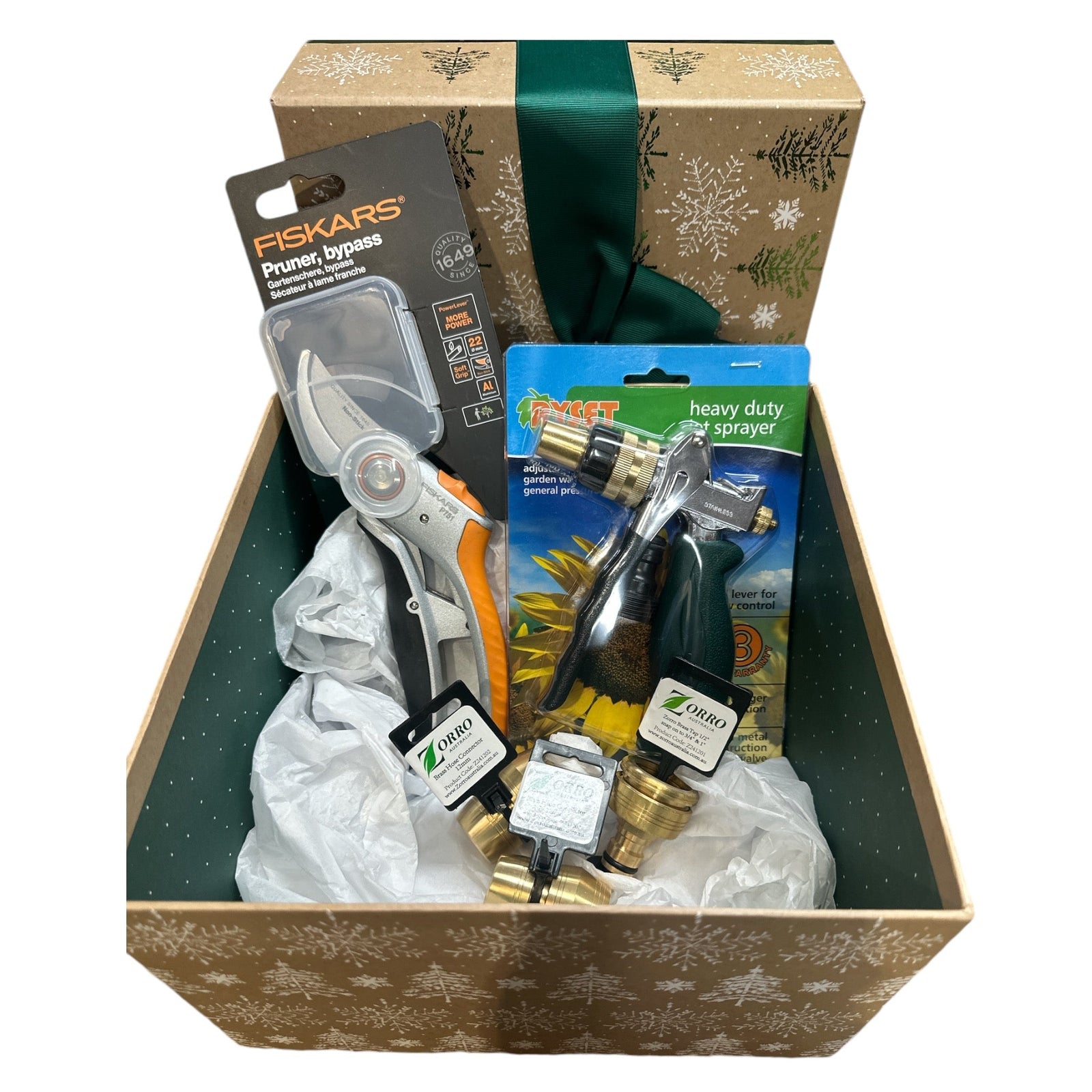 Hose Factory Gardeners Gift Set No 3 with pruning shears, sprayer, and gift box for gardening enthusiasts.
