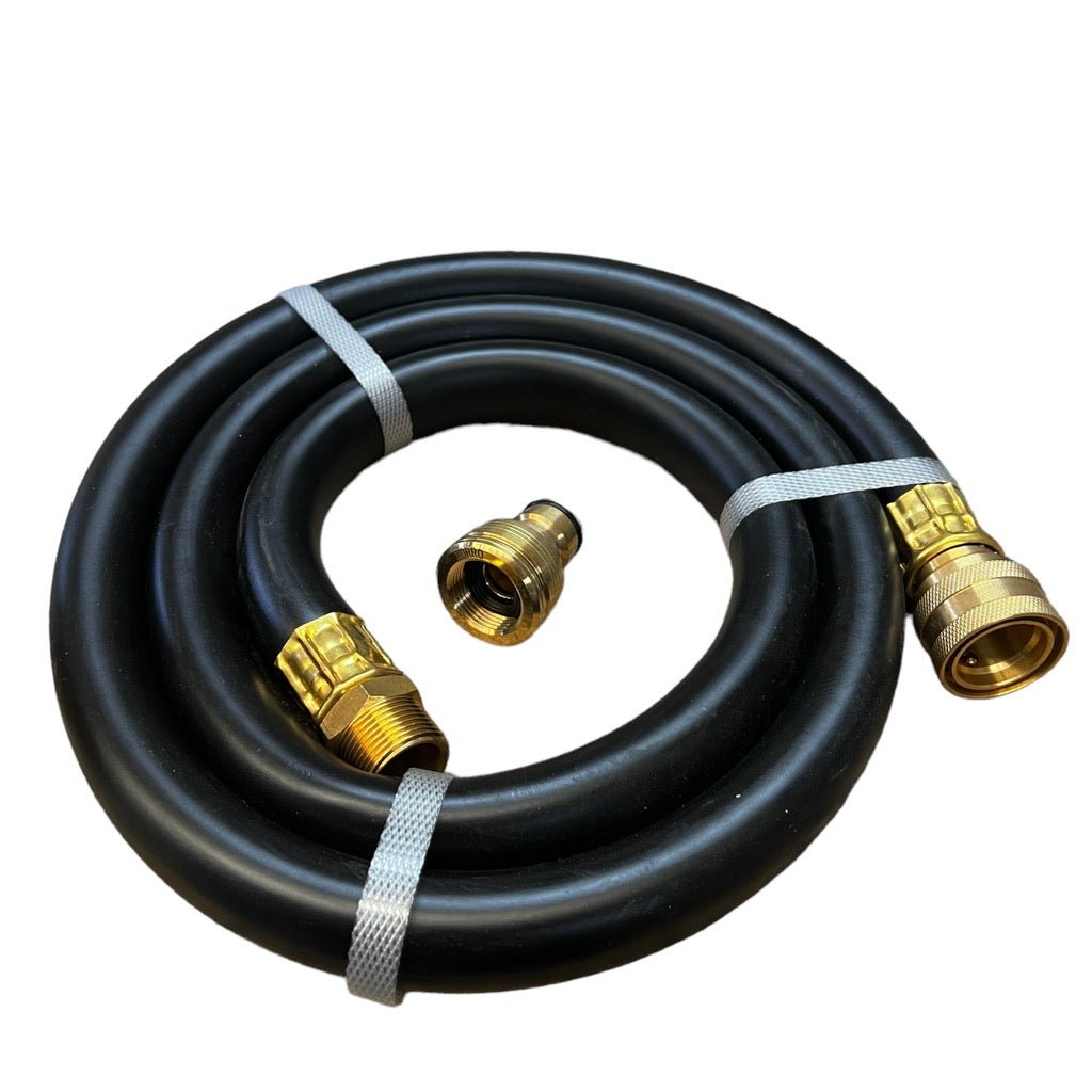 Hose Factory Hose Reel Extension Hose with Brass Fittings 19mm coiled with brass connectors and adapters.
