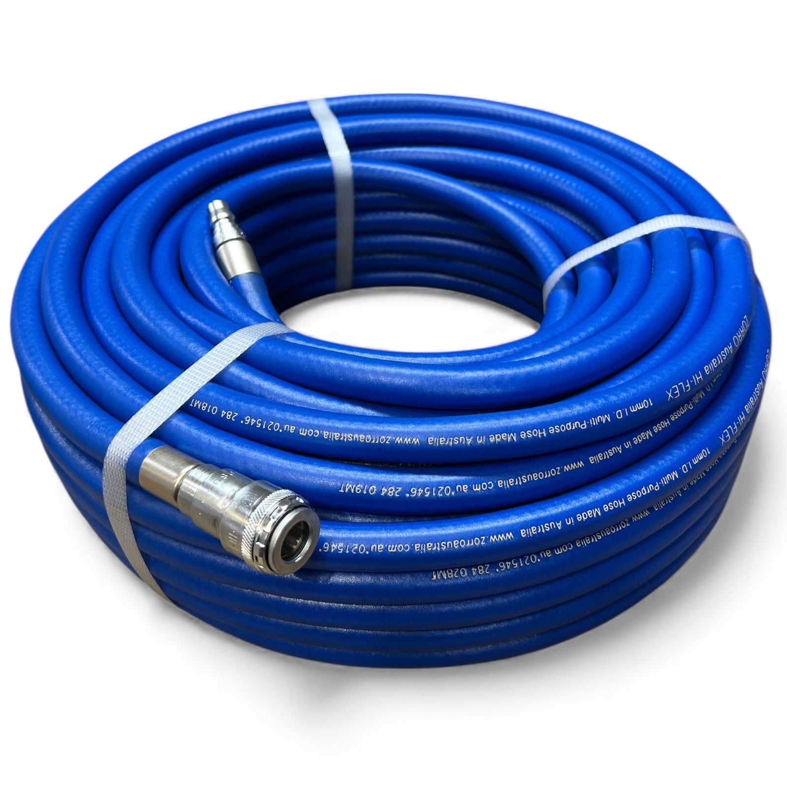 ZORRO Hi-Flex Air Hose with Crimped Genuine Nitto Air Fittings coiled ready for use.