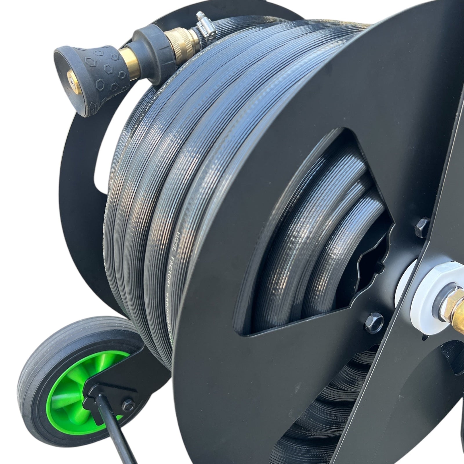ZORRO Pro Industrial Hose Trolley w Fire Hose & Twist Nozzle Bundle showing the hose and nozzle mechanism.