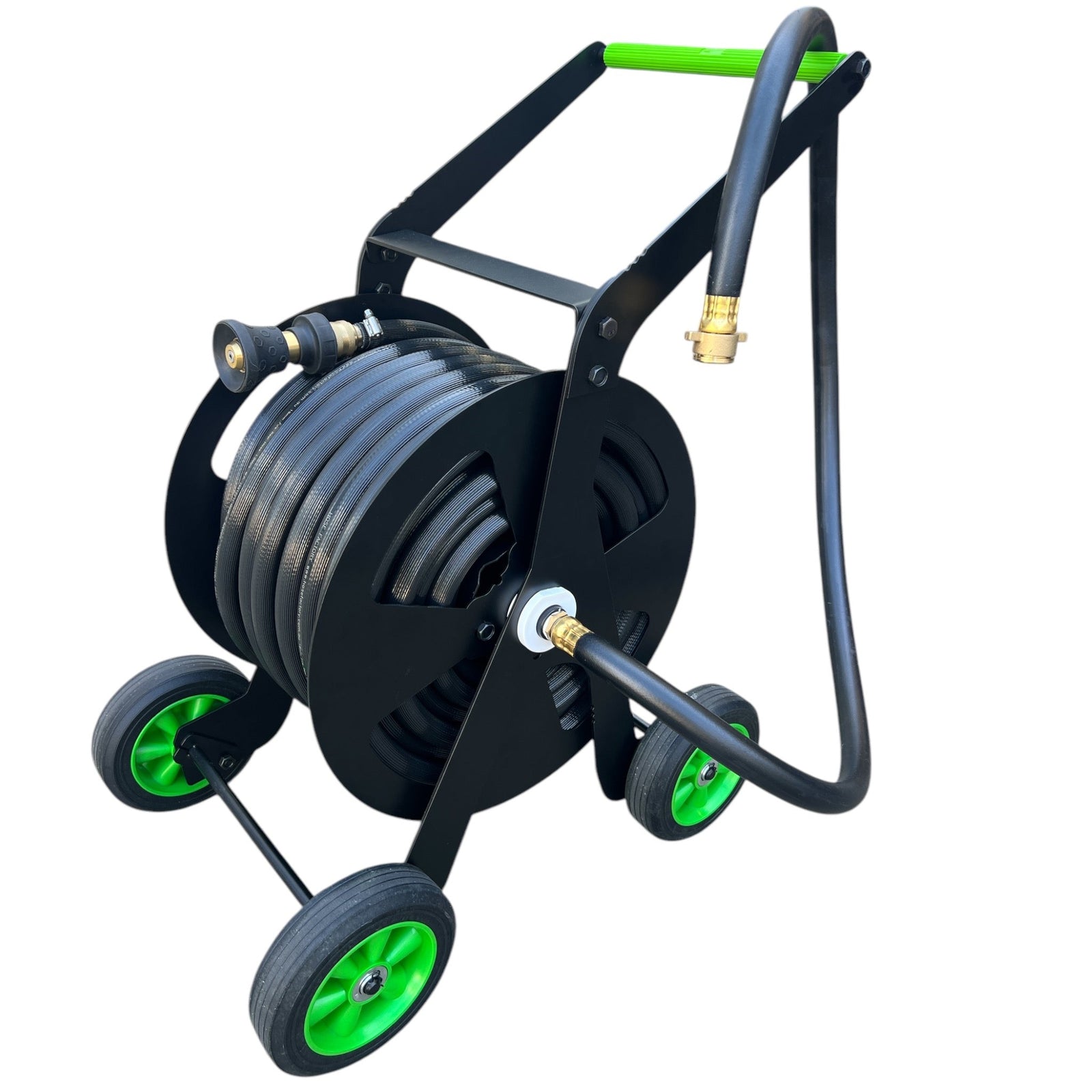ZORRO Pro Industrial Hose Trolley w Fire Hose & Twist Nozzle Bundle with hose coiled on trolley.