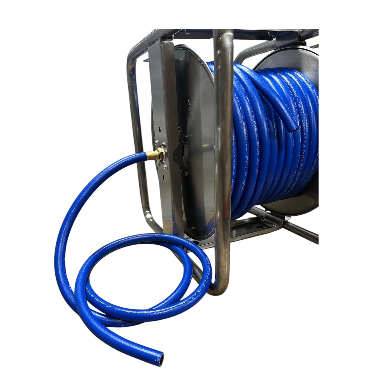 ZORRO PRO Stainless Steel Reel & Hi-Flex air, chemical, water hose bundle with blue hose coiled on reel