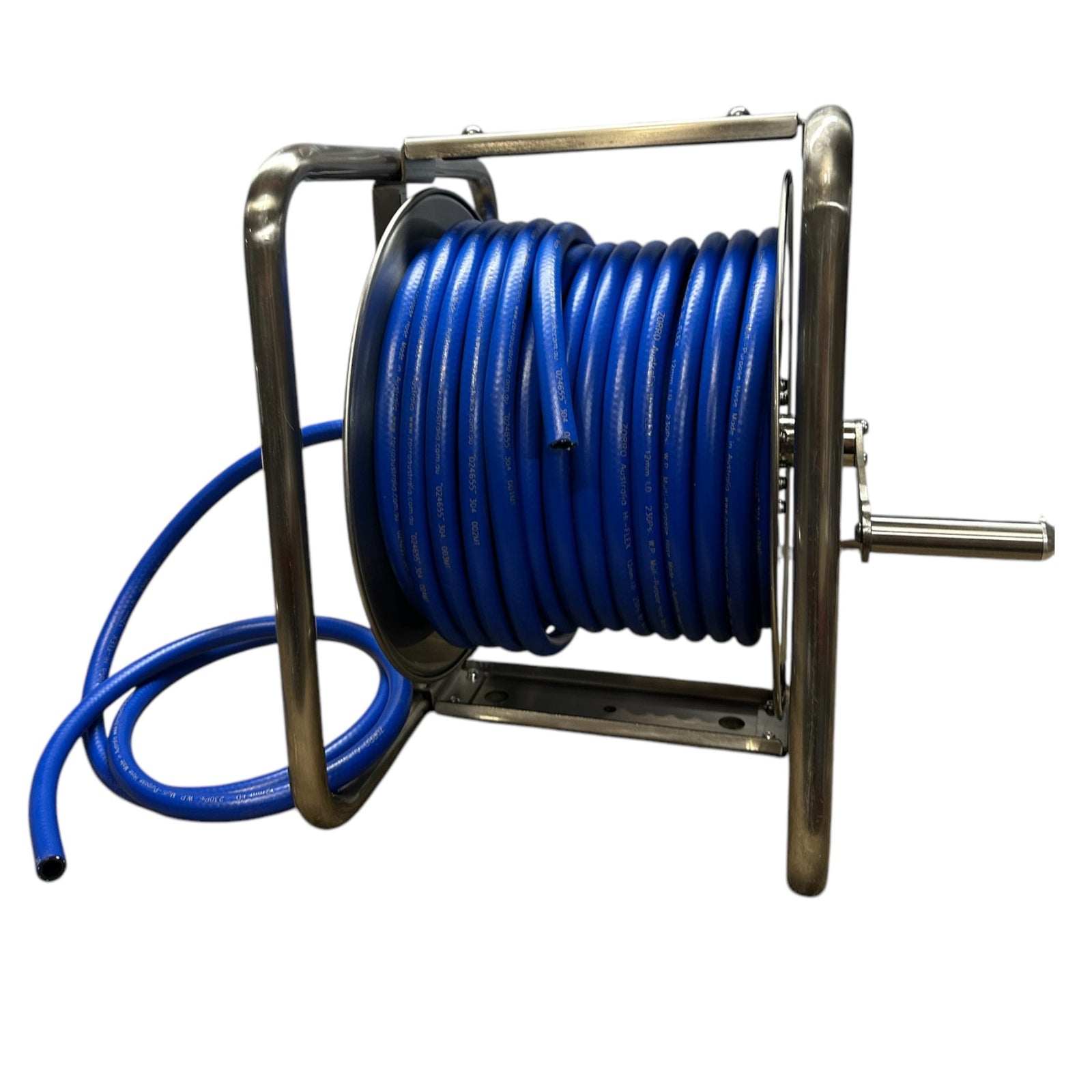 ZORRO PRO Stainless Steel Reel & Hi-Flex Air, Chemical, Water Hose Bundle with blue hose on stainless steel reel.