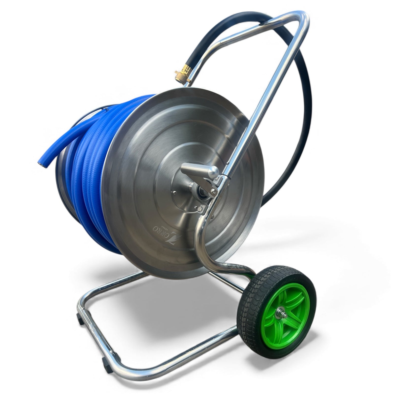 ZORRO Stainless Steel 2 Wheel Cart with ZORRO Hi-Flex Hose, featuring solid tires and a durable design.