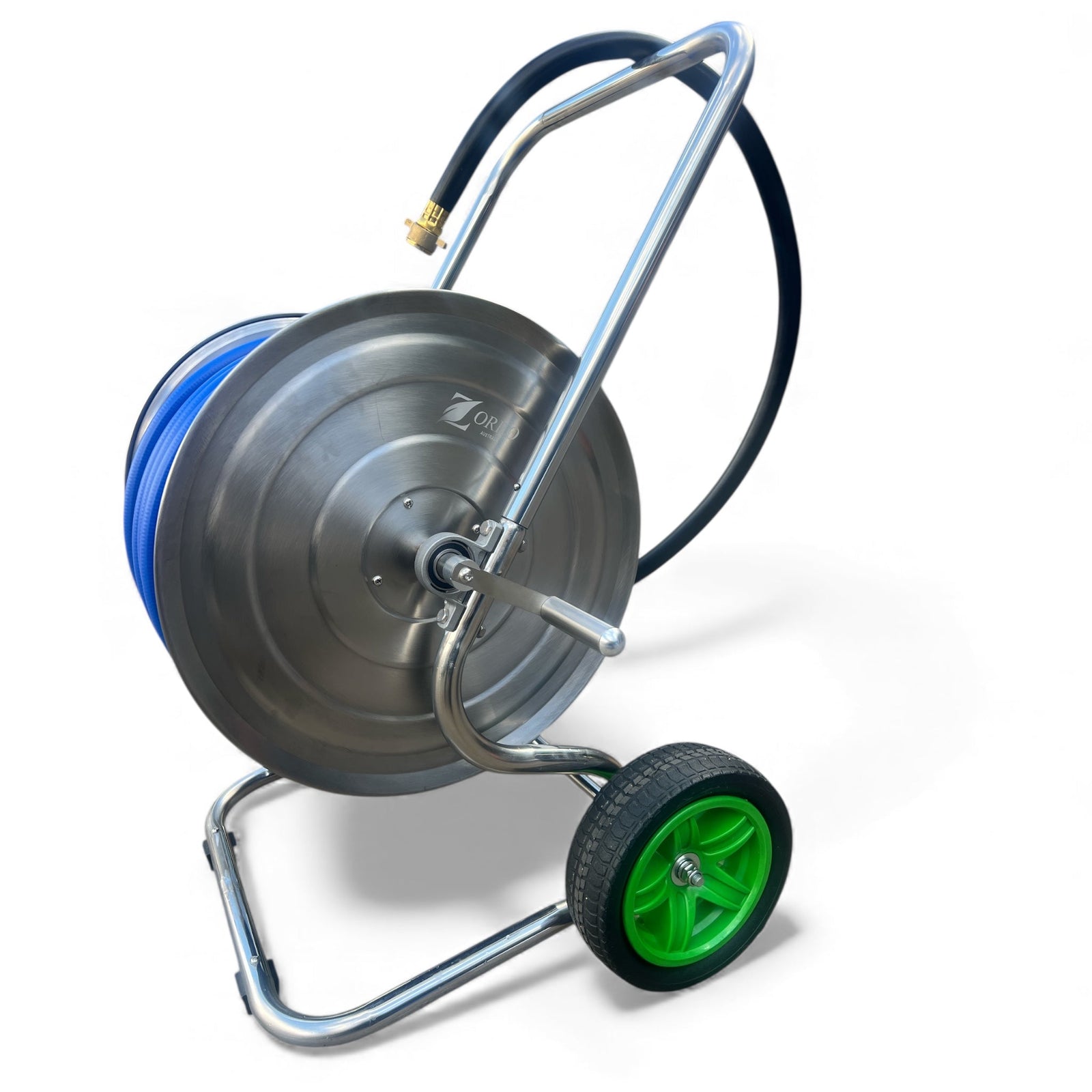 ZORRO Stainless Steel 2 Wheel Cart with ZORRO Hi-Flex Hose showcasing durable design and solid wheels.