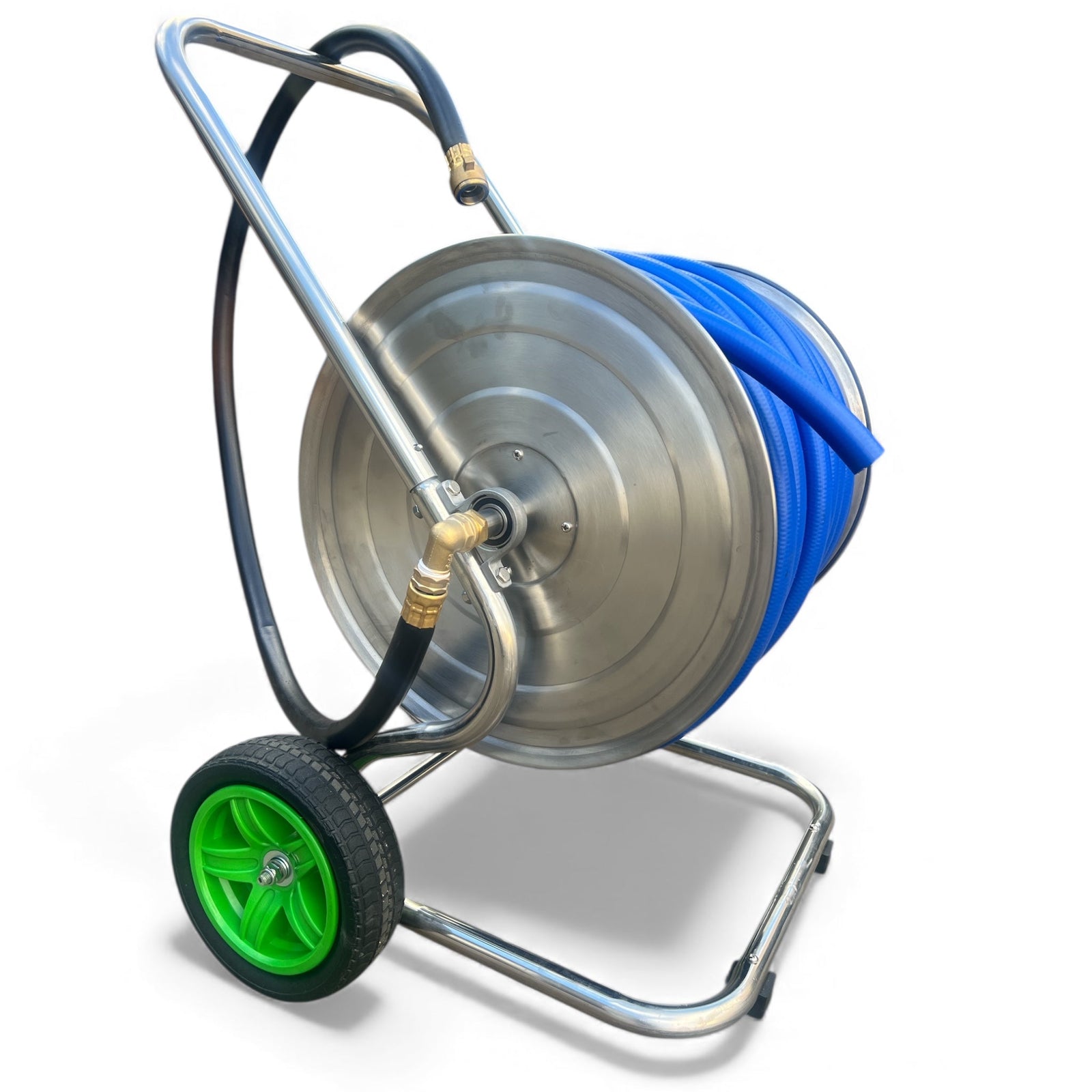 ZORRO Stainless Steel 2 Wheel Cart with ZORRO Hi-Flex Hose showing sturdy design and solid tyres for easy movement.