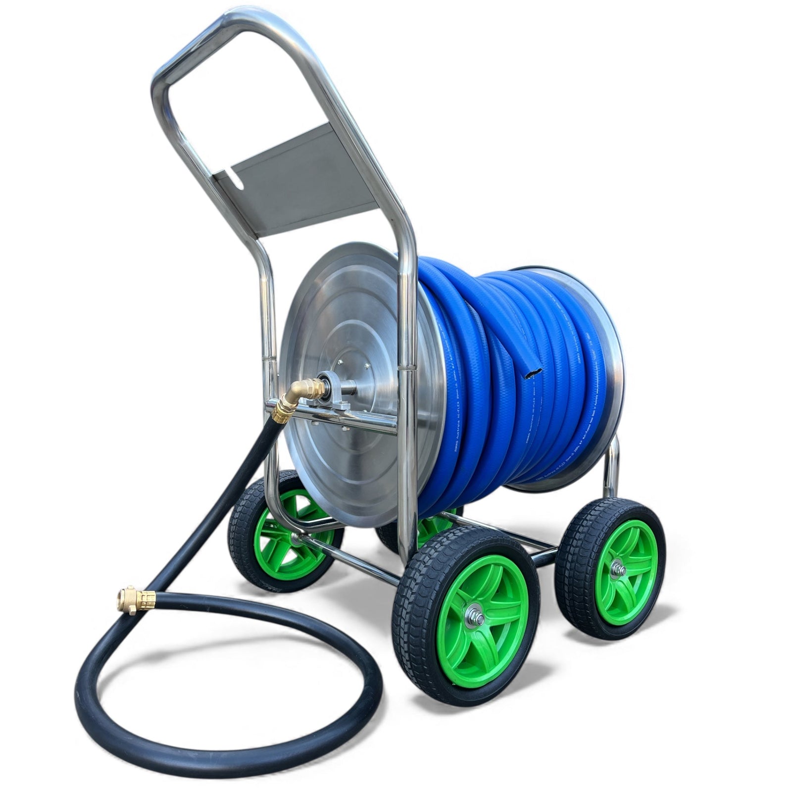 ZORRO Stainless Steel Trolley with Hi-Flex Multi-Purpose Hose featuring blue hose and green wheels.