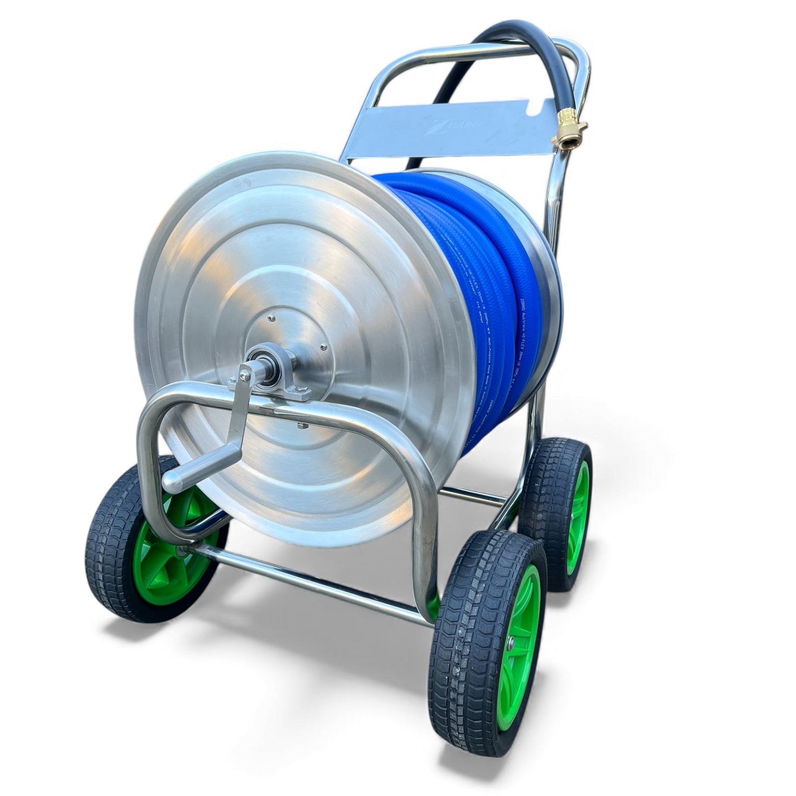 ZORRO Stainless Steel Trolley with Hi-Flex Multi-Purpose Hose featuring solid tyres and industrial design.