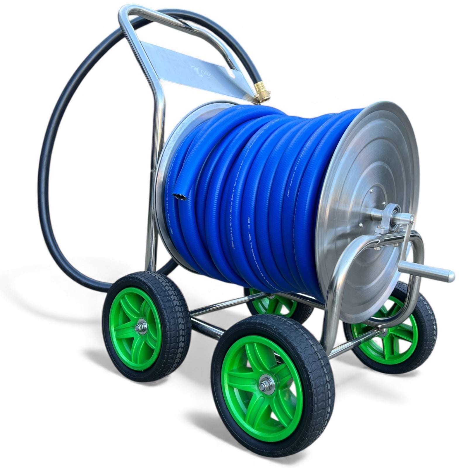 ZORRO Stainless Steel Trolley with Hi-Flex Multi-Purpose Hose featuring blue hose and green wheels.