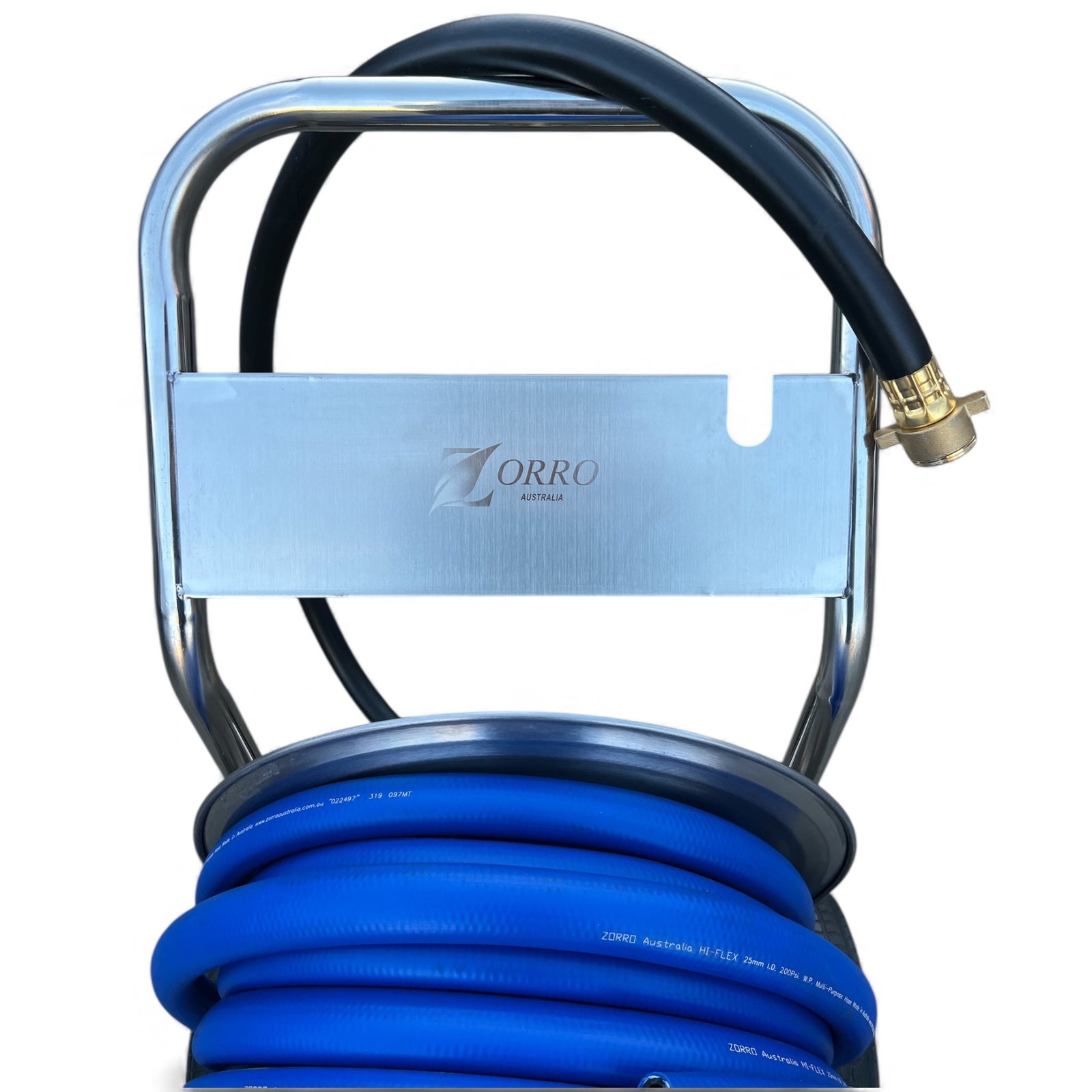 ZORRO Stainless Steel Trolley with Hi-Flex Multi-Purpose Hose showcasing industrial-grade features and design.