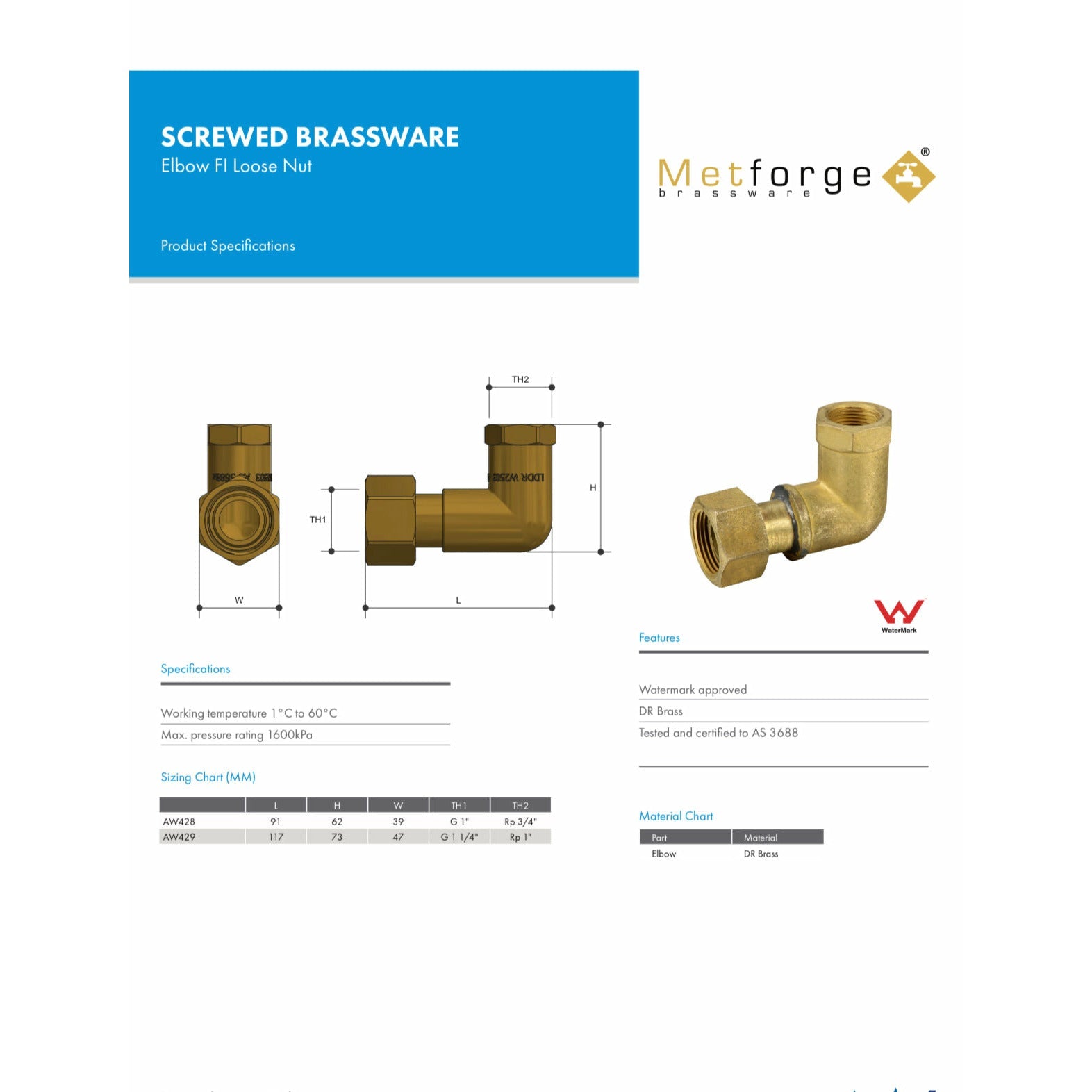 Brass Elbow - 20mm Female to 25mm Losse Nut - Hose Factory