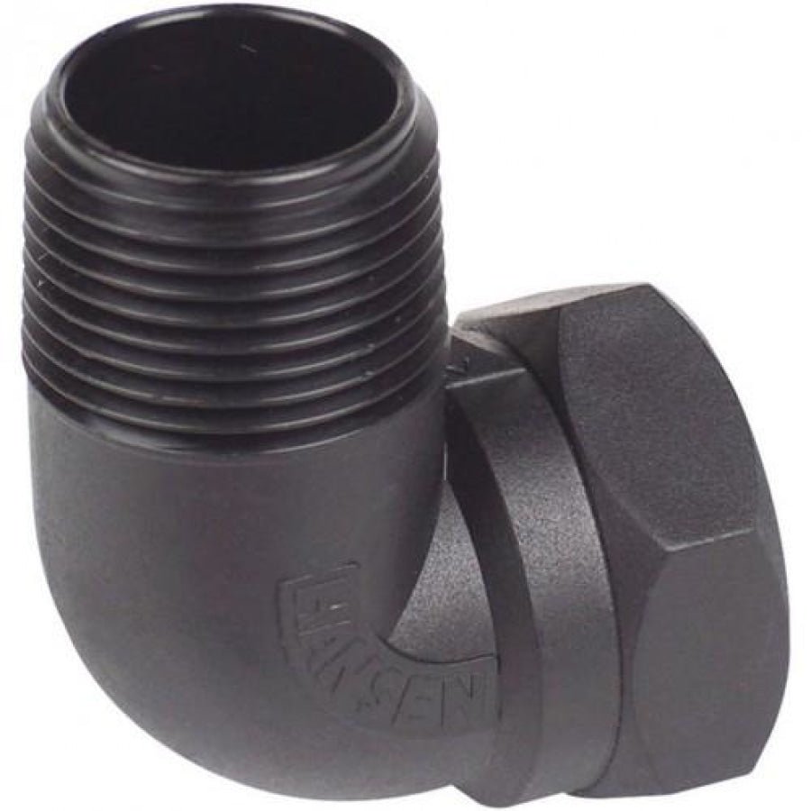 HANSEN Male x Female 90 degree Angle Threaded Elbow BSPT X BSPT showing durable black pipe fitting
