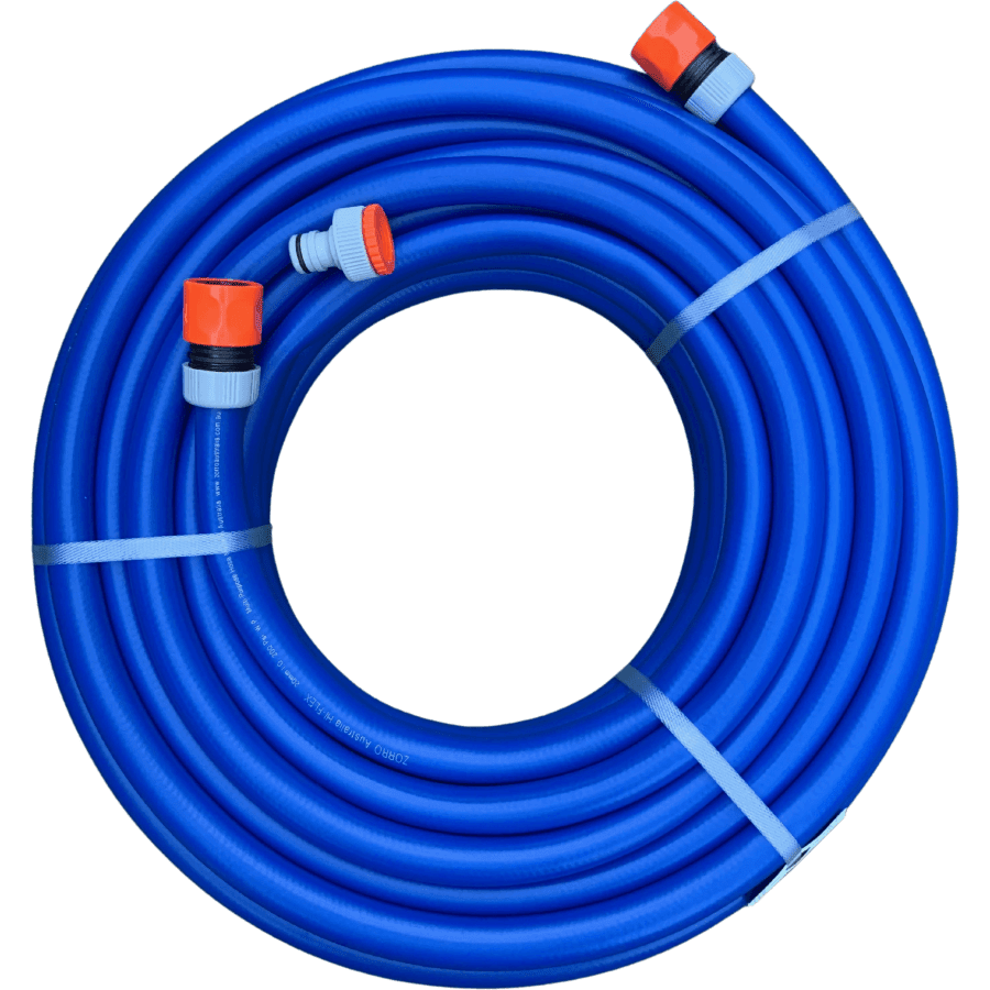 ZORRO Hi-Flex Garden Hose with 3 Piece Plastic Fittings & ZORRO SS Hanger Bundle - Blue flexible hose with fittings.