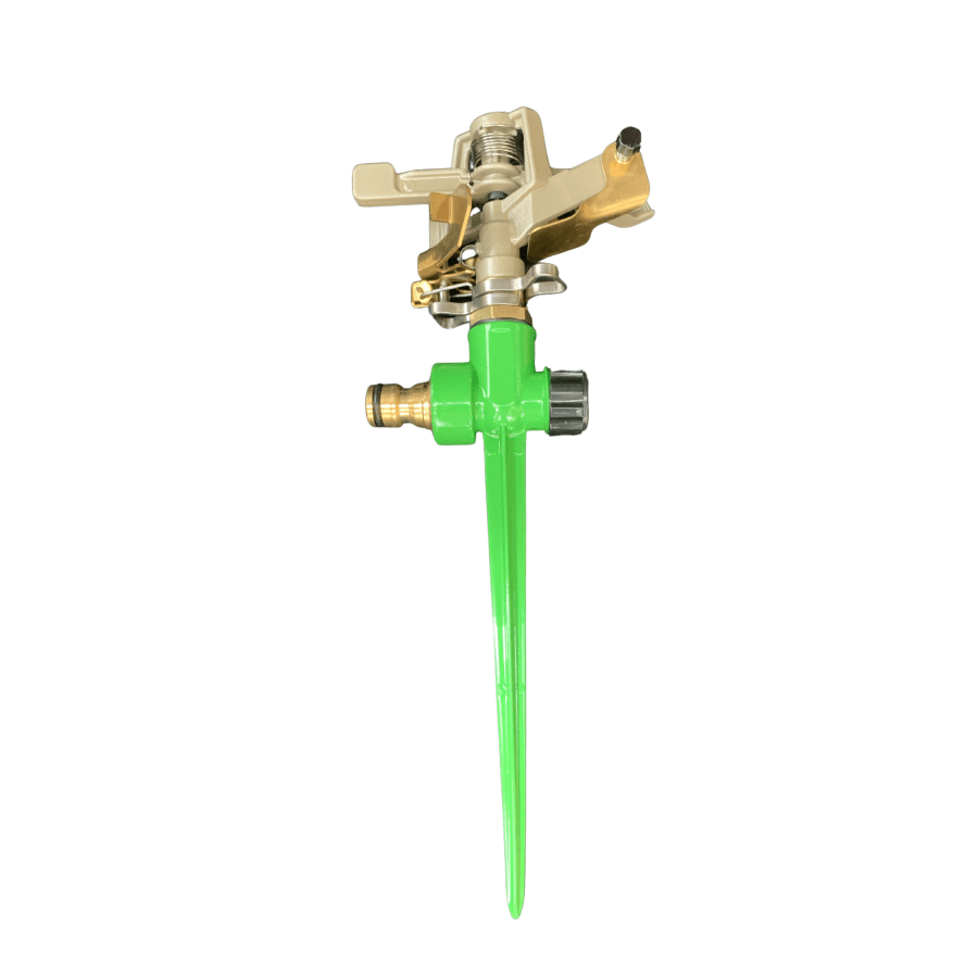 Zorro Zinc Impulse Adjustable Sprinkler on Green Spike - Hose Factory