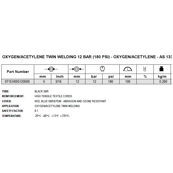 ALFAGOMMA 071EH Oxygen/ Acetylene Twin Welding Hose 12 BAR (180 PSI) in 5mm