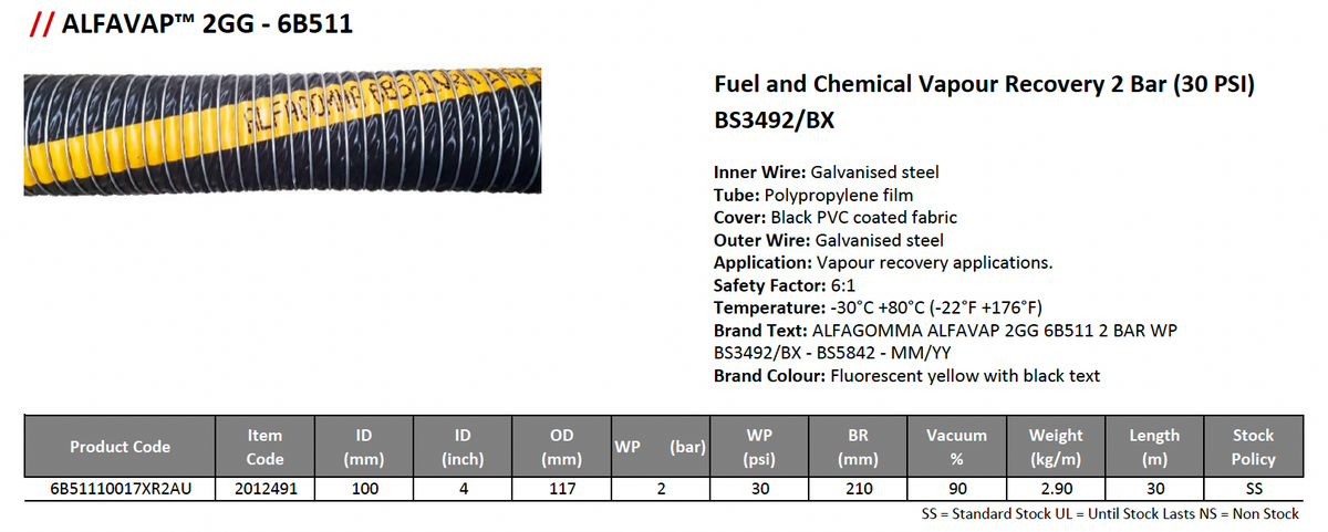 ALFAVAP 2GG Fuel and Chemical Vapour Recovery Hose 2 Bar