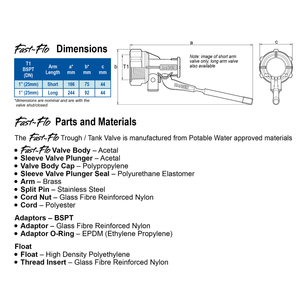 HANSEN Fastflo Long Brass Arm with Long Tail Adaptor