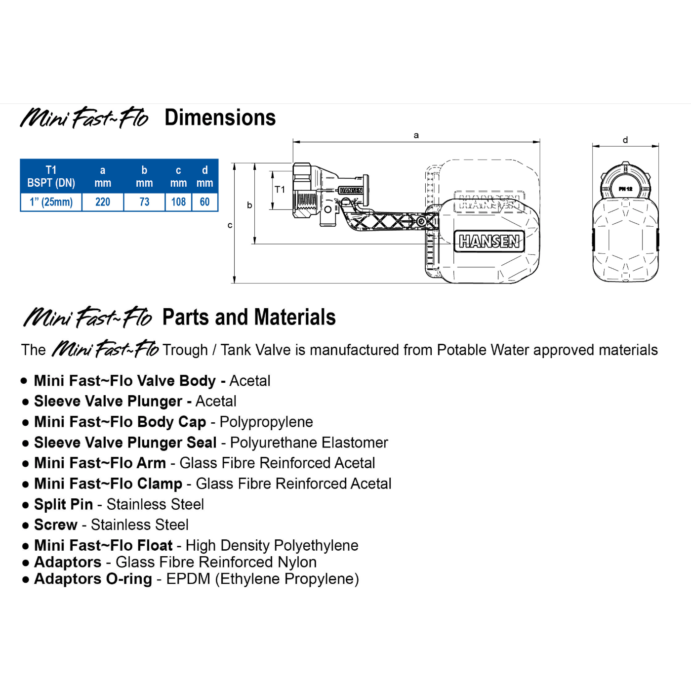 HANSEN Mini Fastflo Valve with Long Tail Adaptor