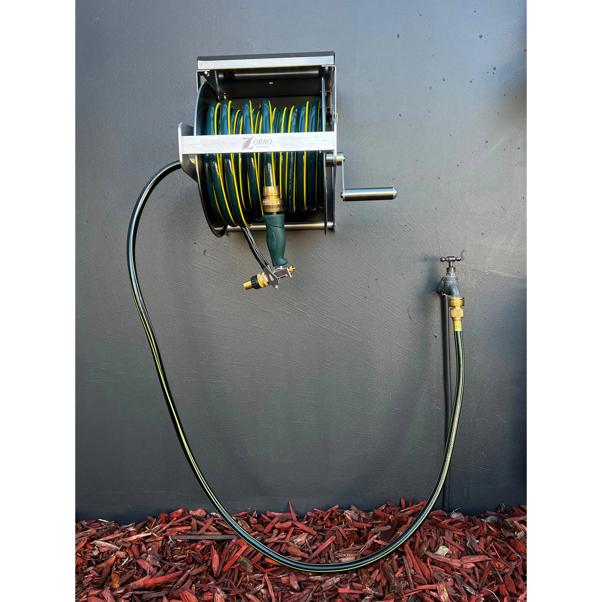 ZORRO 12mm Proline Garden Hose Zorro Ss Reel with Shelf & Ryset Water Pistol