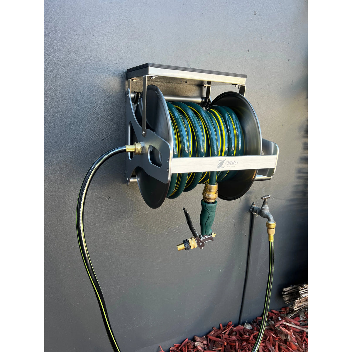 ZORRO 12mm Proline Garden Hose Zorro Ss Reel with Shelf & Ryset Water Pistol