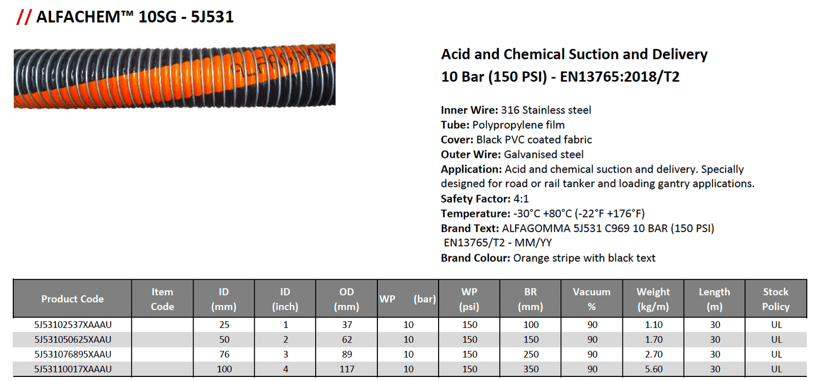 ALFACHEM 10SG Acid and Chemical Suction and Delivery 10 Bar - Hose Factory