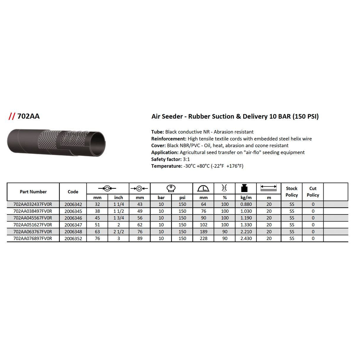 ALFAGOMMA 702AA Rubber Air Seeder Suction & Delivery Hose 10 BAR (150 PSI) - Hose Factory