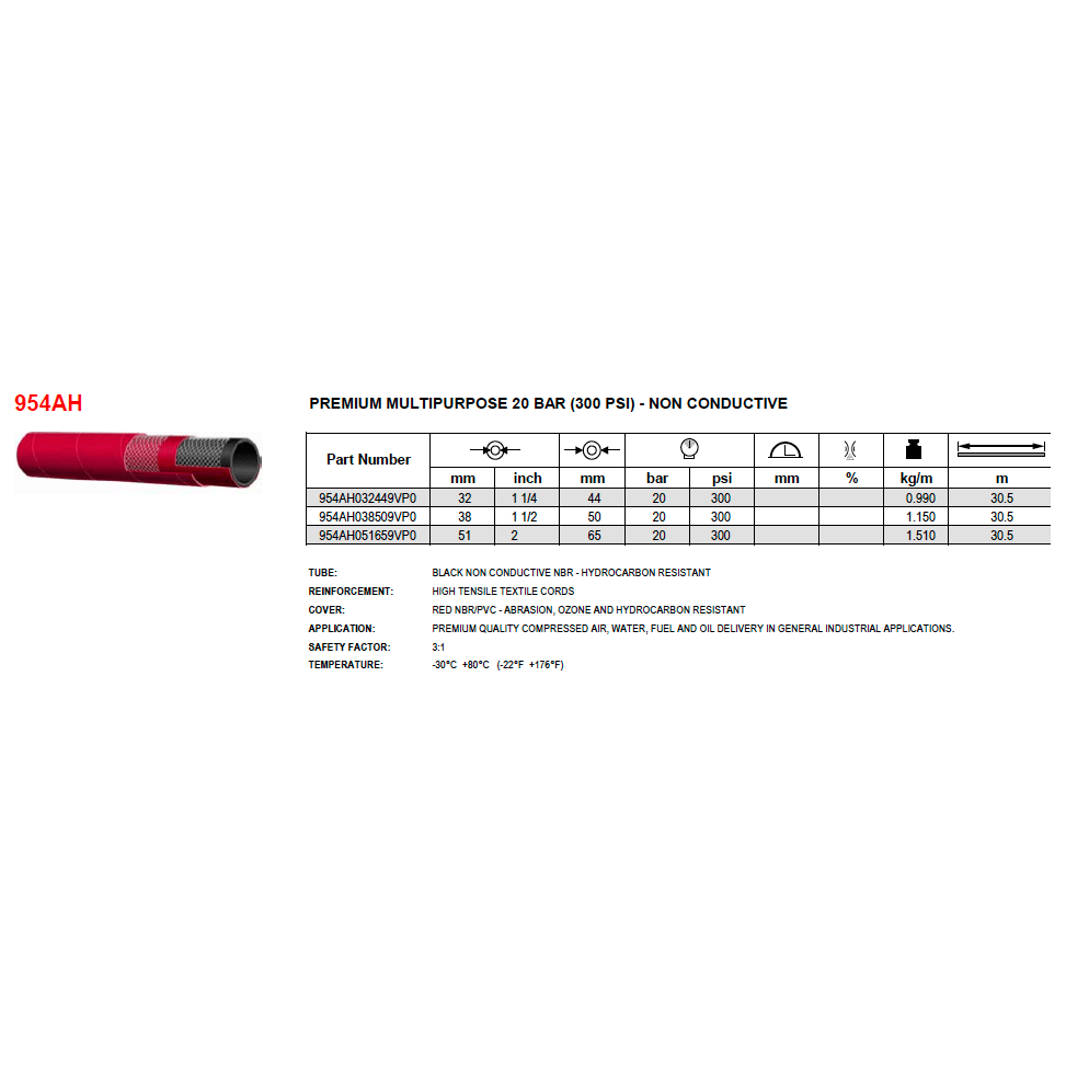 ALFAGOMMA 954AH Multi-Purpose Hose 20 BAR (300 PSI) - Non Conductive with specifications and features