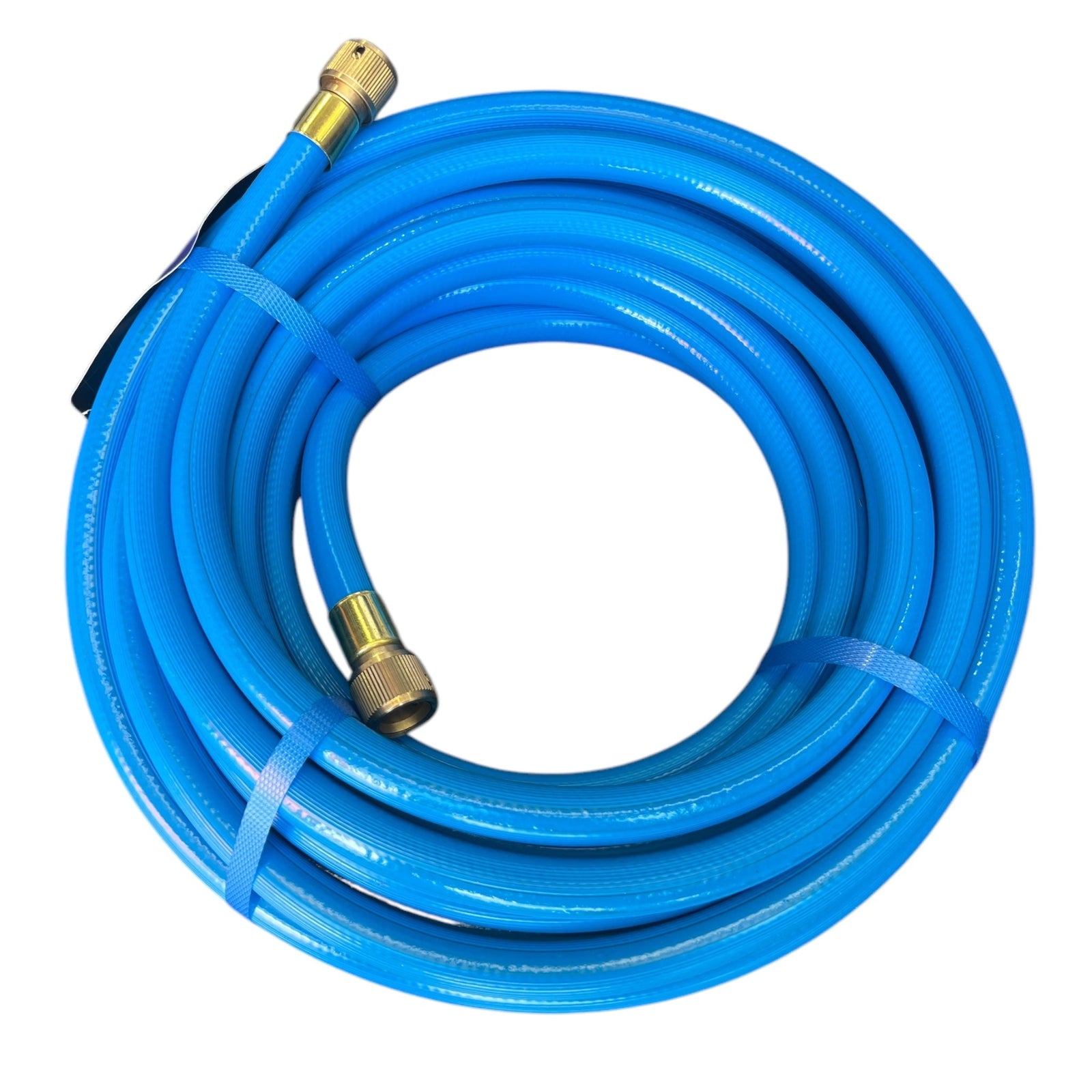 Barfell Coldflex Zero Temp Water hose Crimped Brass Fittings 12mm in blue color coiled with brass fittings.