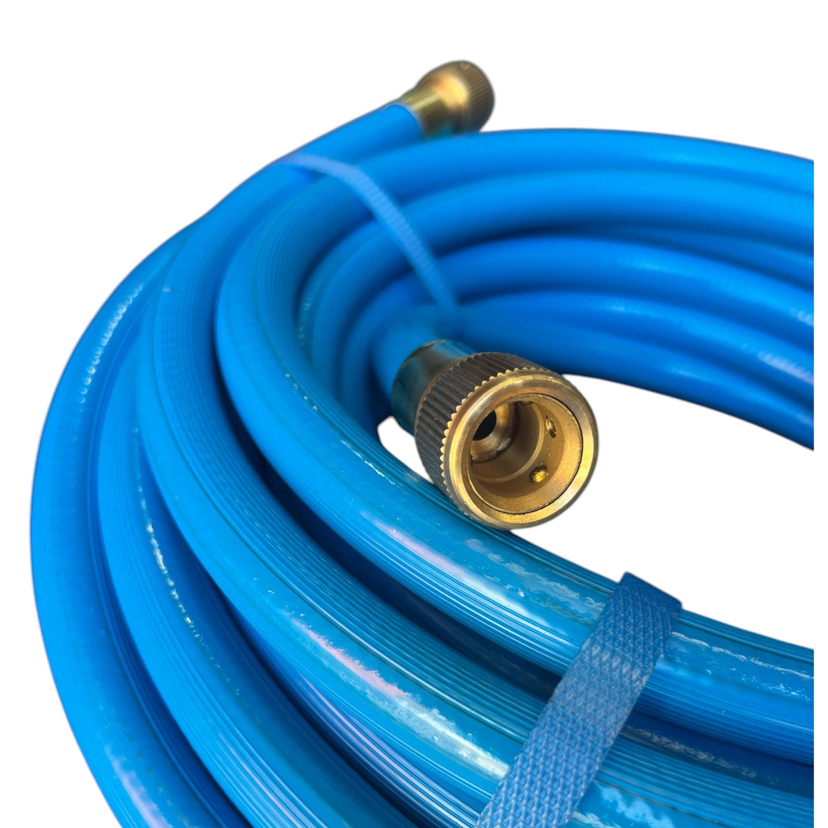 Barfell Coldflex Zero Temp Water hose Crimped Brass Fittings 12mm with blue hose and brass fitting.