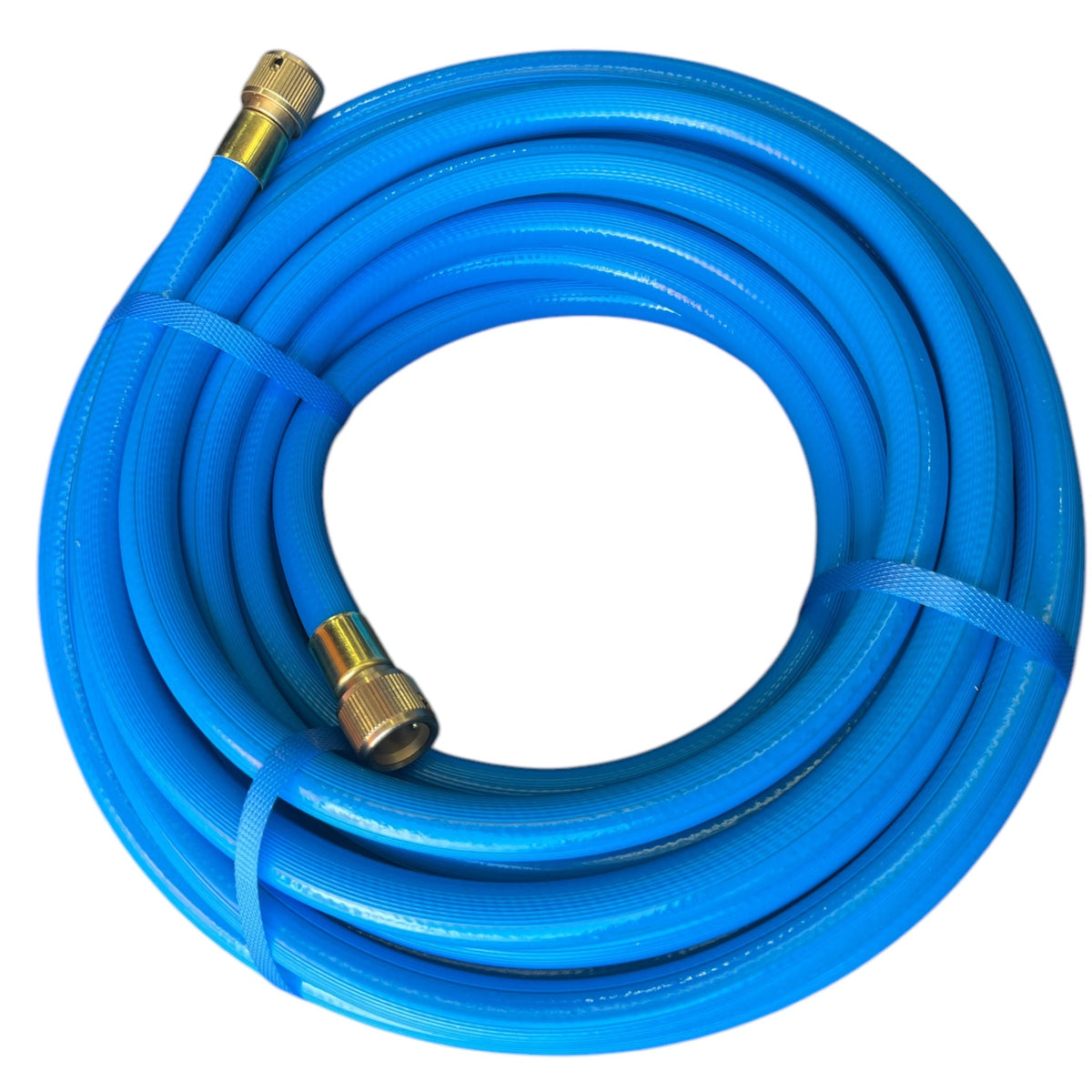 Barfell Coldflex Zero Temp Water hose Crimped Brass Fittings 12mm in blue color, coiled and ready for use.