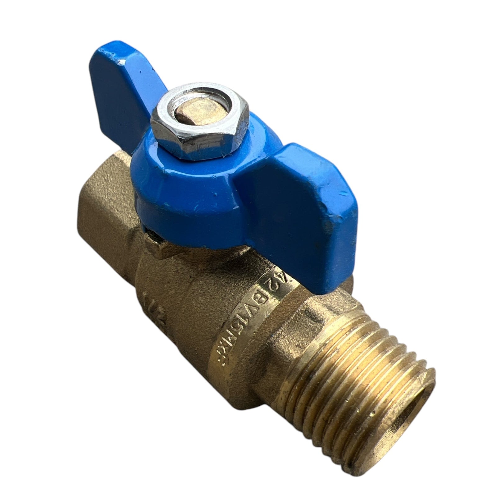 Brass Mini Ball Valve Male x Female BSP 1/2" with blue handle for regulating air, oil, and water.