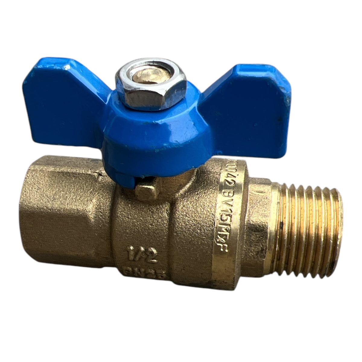 Brass Mini Ball Valve Male x Female BSP 1/2" with blue handle for regulating air, oil, and water.