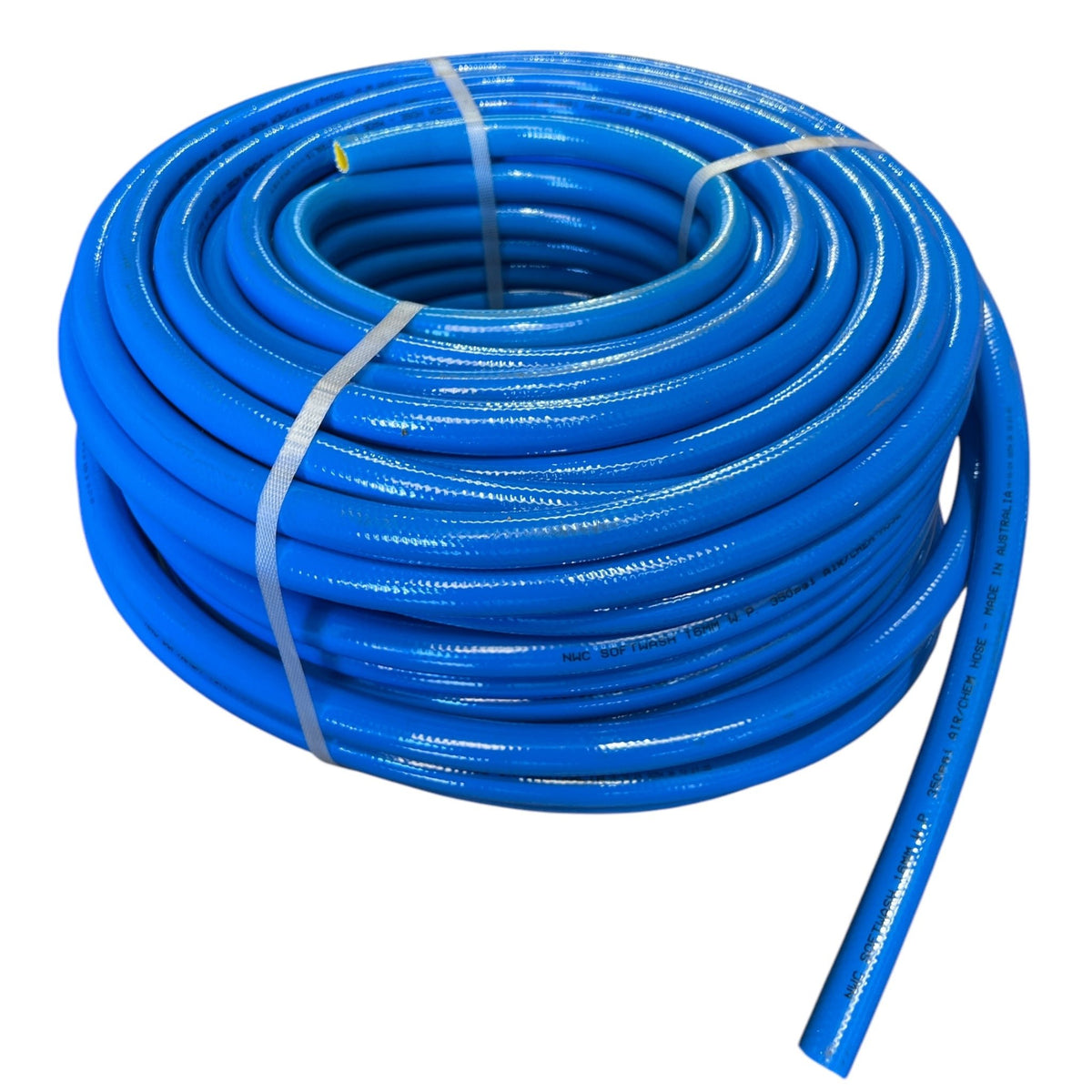 Chemical Ag Spray Air Hose 10mt x 16mm Clearance Sale - blue flexible hose roll on a white background.