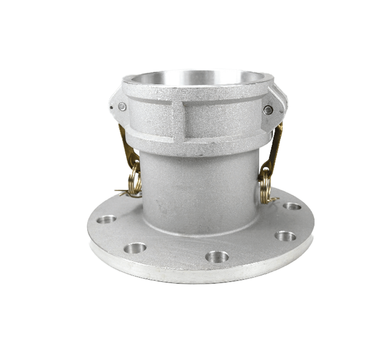 DIXON Cam & Groove Coupler x Table D-E Flange product image showing aluminum coupling with flange and locking mechanism.