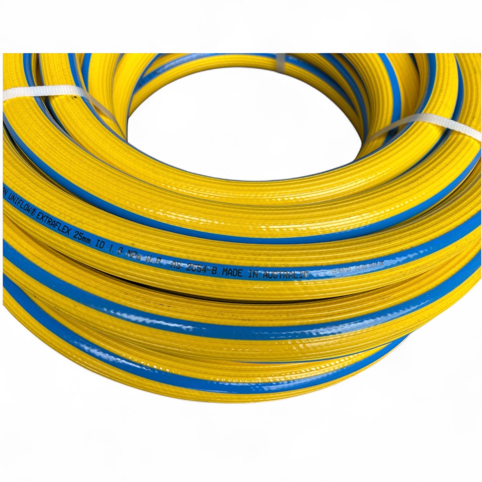 Extraflex Air Water Hose 25mm x 20m Clearance, durable yellow and blue hose suitable for air and water applications.