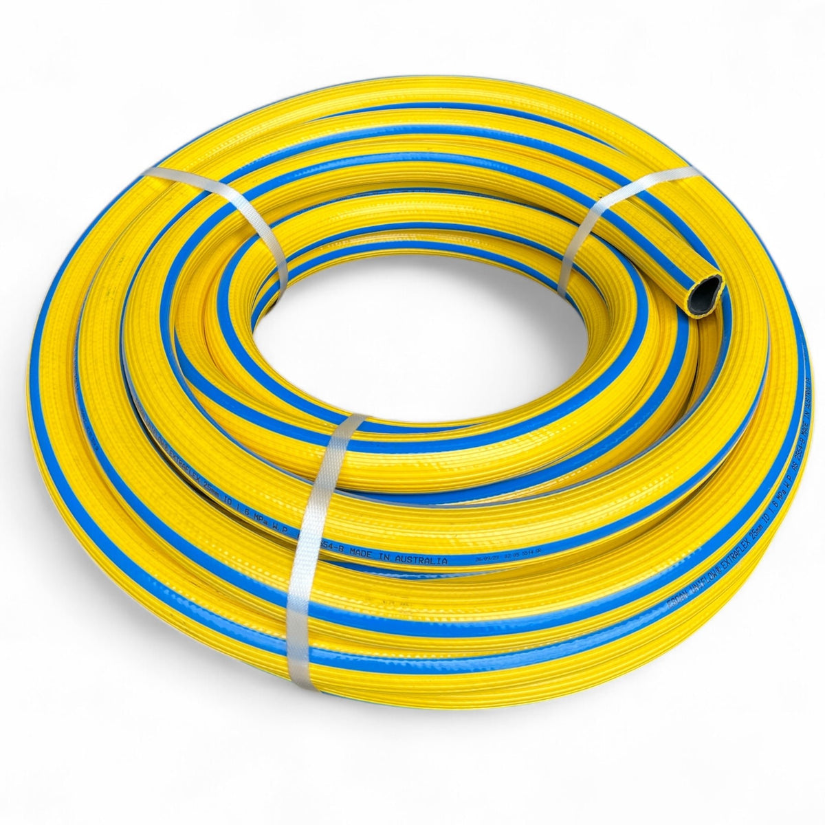 Extraflex Air Water Hose 25mm x 20m Clearance coiled in yellow and blue, ideal for industrial air and water applications.