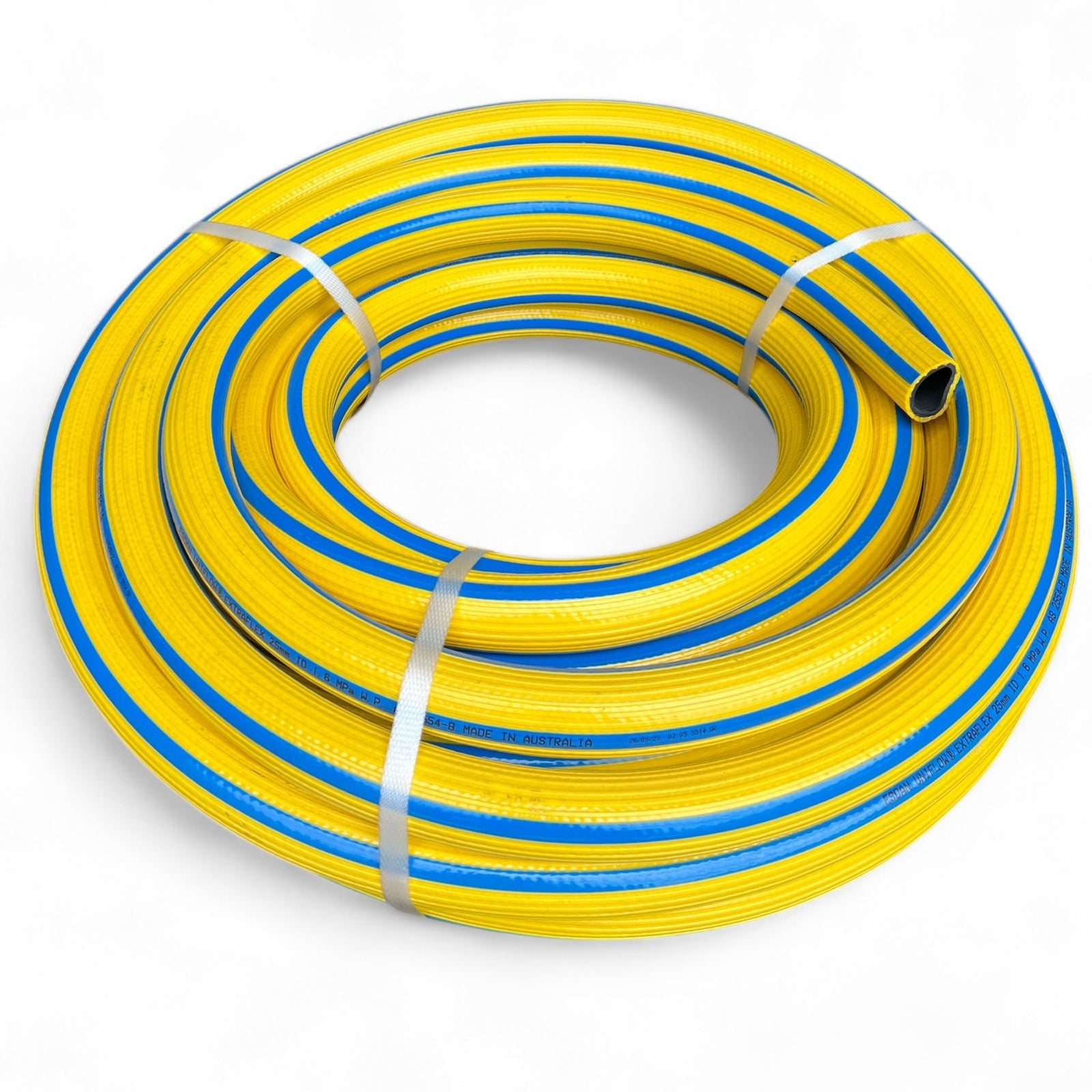 Extraflex Air Water Hose 25mm x 20m Clearance coiled in yellow and blue, ideal for industrial air and water applications.