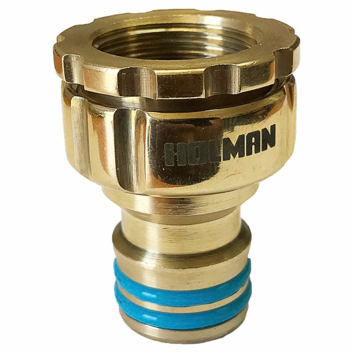 Holman Brass Grip n Lock Tap Adapter 18mm with blue seal and durable brass construction.