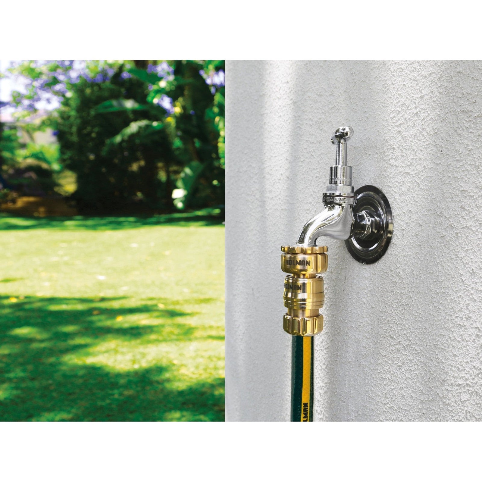 Holman Brass Tap Adaptor 12mm attached to a garden tap with hose fitted in a green garden setting.