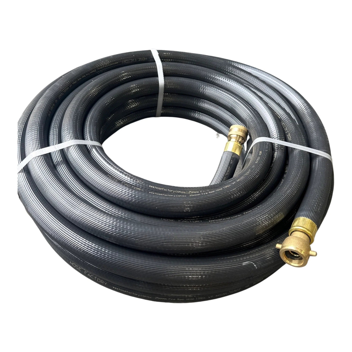 HOSE FACTORY Fire Reel Hose with Crimped 3 Piece Brass Snap On Fittings, coiled black hose with brass fittings.