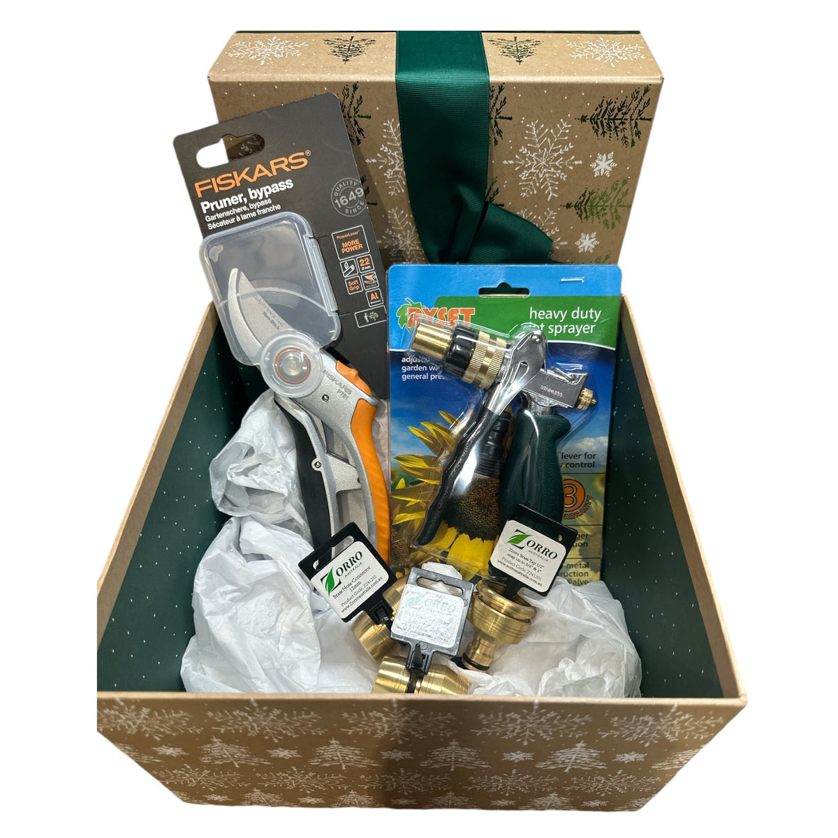 Hose Factory Gardeners Gift Set No 3 with pruning shears, sprayer, and gift box for gardening enthusiasts.
