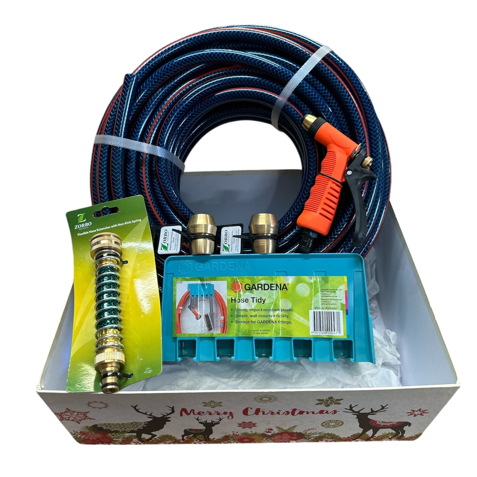 Hose Factory Gardeners Gift Set No 4 with included garden hose, nozzle, and storage box for garden tools.