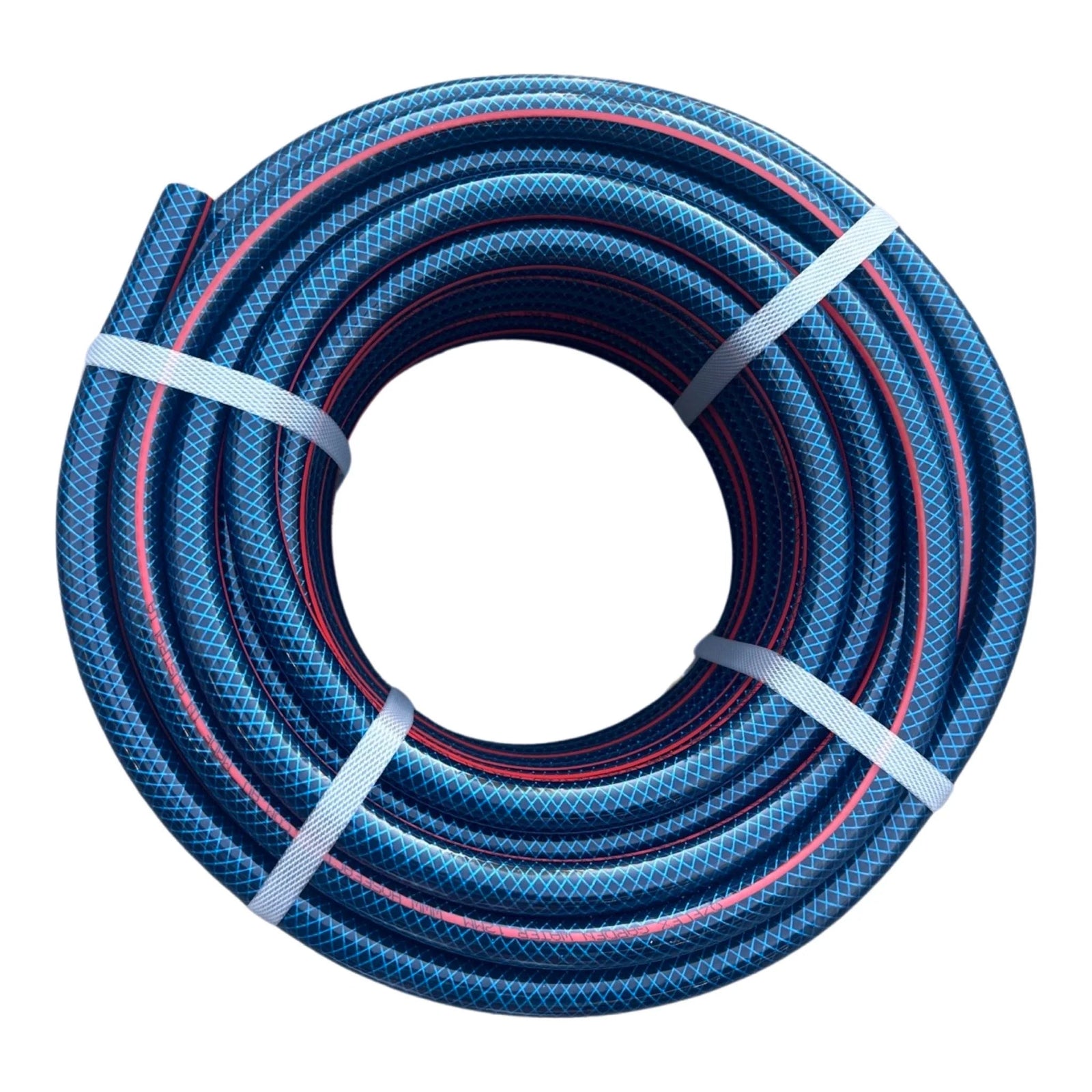 Hose Factory Gardeners Gift Set No 4 featuring a durable blue garden hose coiled and secured with ties.