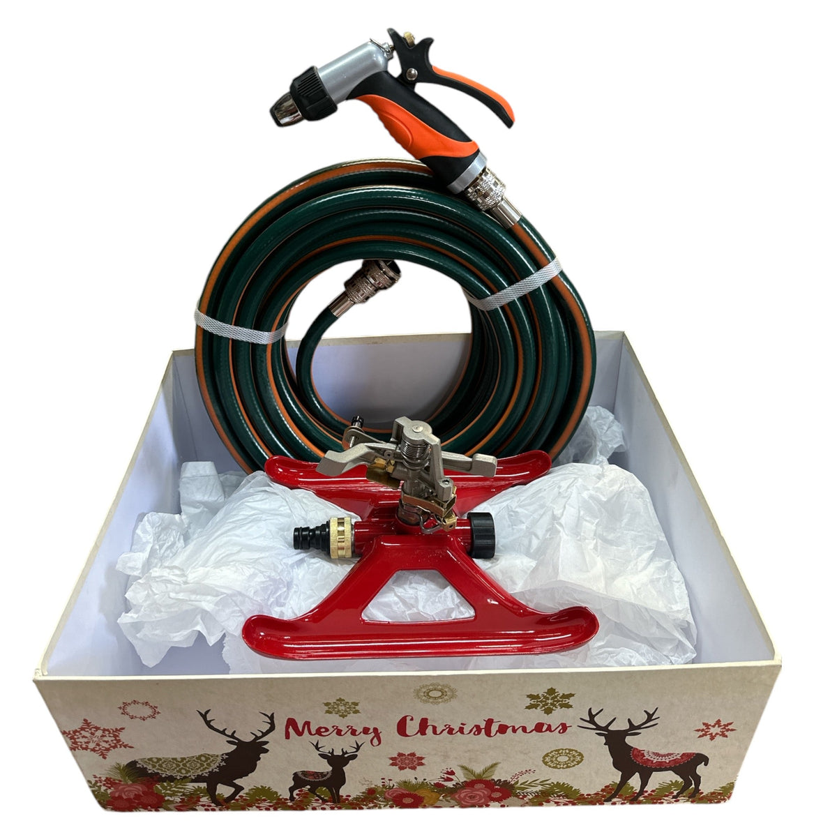 Hose Factory Gardeners Gift Set No 5 with gift box and card, including hose and watering sprinkler.