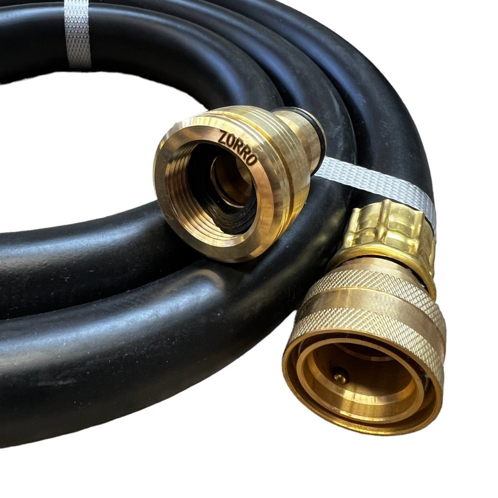 Hose Factory Hose Reel Extension Hose with Brass Fittings 19mm close-up of brass connectors and black hose.